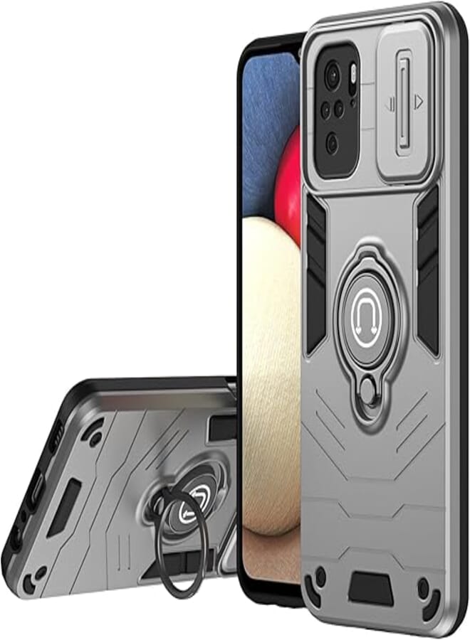 FASCINATION phone case compatible with Redmi note 10 4G (10S) with sliding camshield,soft and hard combination Built-in 360 Rotating metal ring for Redmi note 10 4G (10S) (Gray)